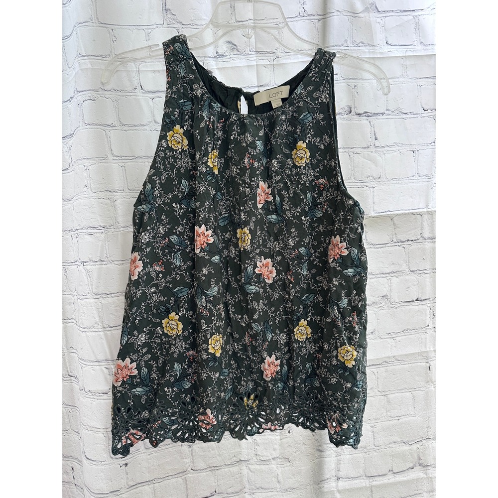 LOFT Floral Tank Top Sleeveless Eyelet Hem Casual‎ Blouse Size L